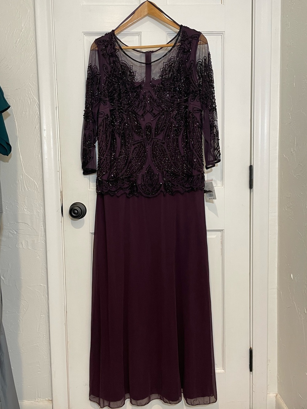 NWT David's Bridal Plum Beaded Maxi Dress with Sheer Overlay formal wedding Sz18